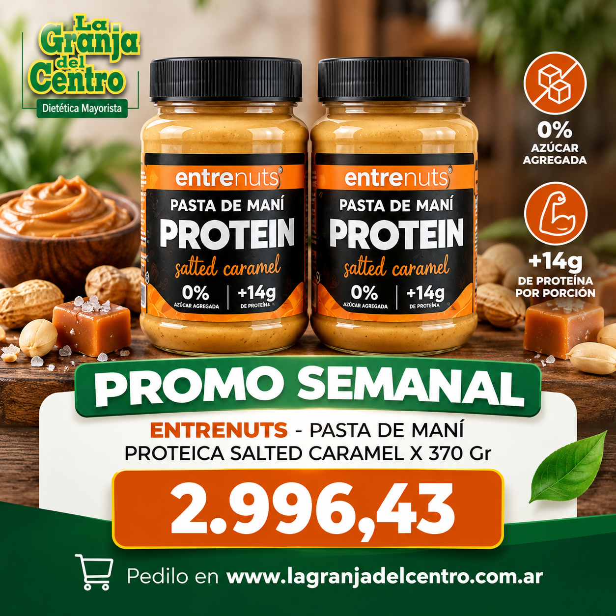 Ofertas y Promociones ENTRENUTS - PASTA DE MANI PROTEICA SALTED CARAMEL X 370 G PROMO SEMANAL